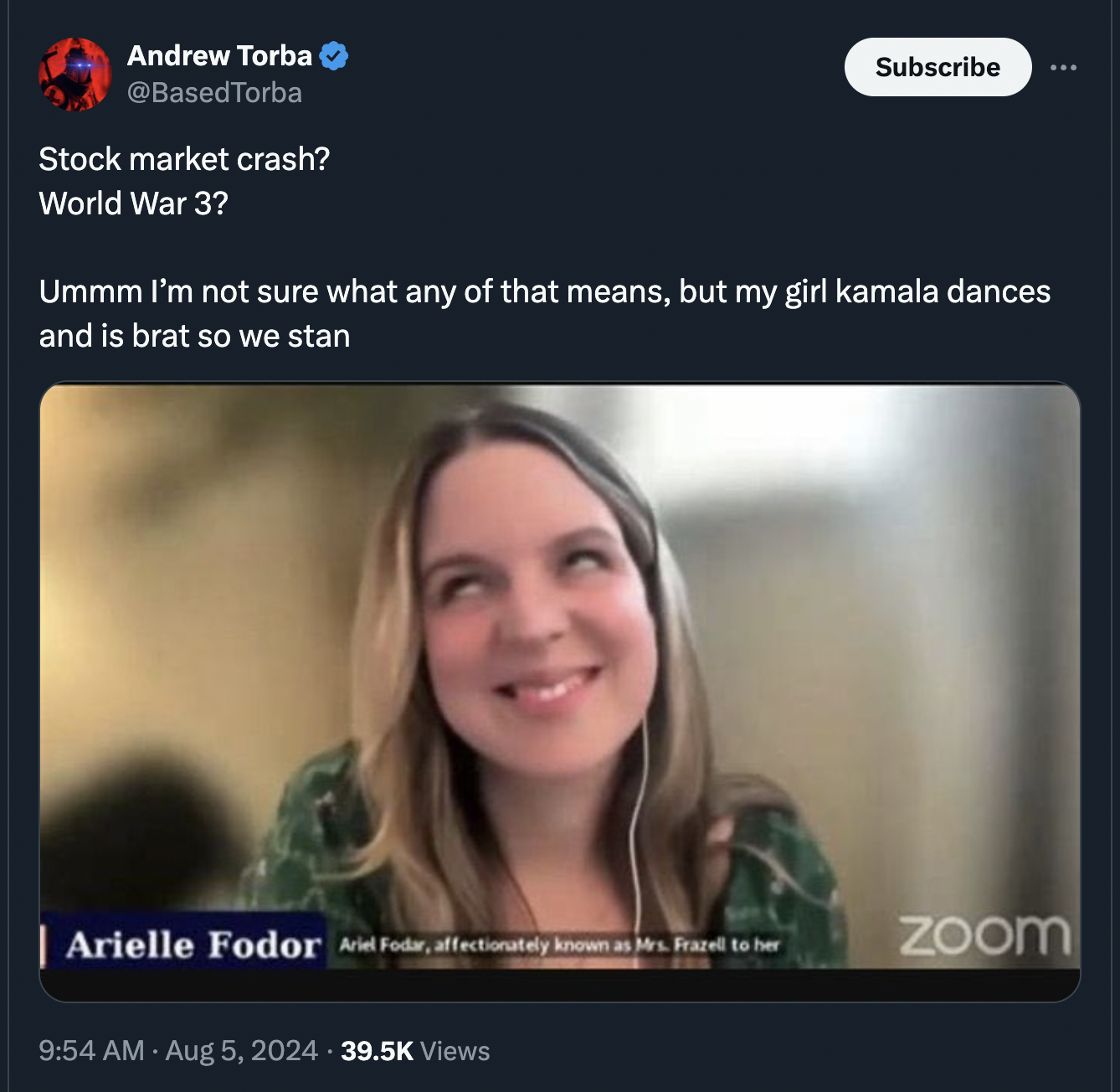 Transgender - Andrew Torba Torba Stock market crash? World War 3? Subscribe Ummm I'm not sure what any of that means, but my girl kamala dances and is brat so we stan | Arielle Fodor Ariel Fodar, affectionately known as Mrs. Frazel to her Views Zoom